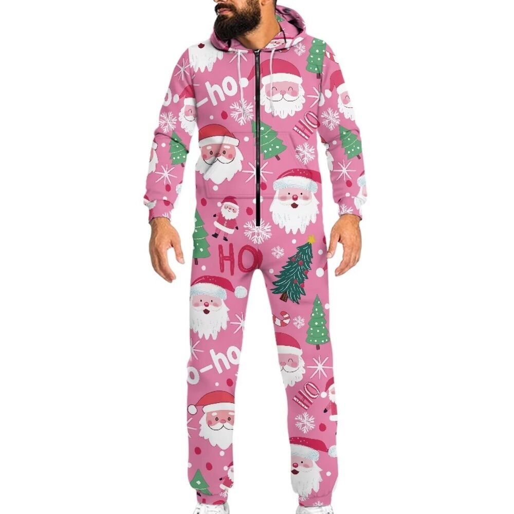 9552 Pink Christmas Santa Claus Unisex Onesie Pajamas Zip Up Matching